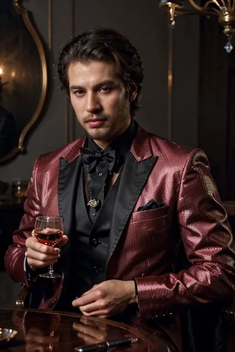 A man with trimmed dark brown hair in an expensive all red three-piece suit holding a shorthaired gray cat, with a large chalice glittering with diamonds on a table, background is dark, in the style oil painting, portrait, 8k, by ericovalle