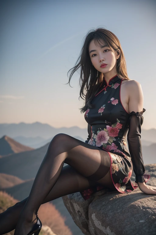 (whole body:1.5)，(1 girl:1.3),(view viewer:1.4)，(correct anatomy:1.4),(Opaque pantyhose:1.3),(Sitting at the top of a mountain:1.2),(Wearing a floral dress in Chinese style:1.2),,( The girl pointed out thick heels :1.1),(accurate and perfect face:1.3),(lon...