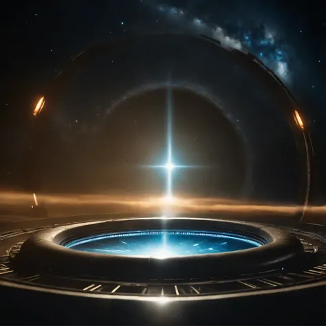 a very detailed photo of the giant stargate ring in deep space, lightning runs along the stargate ring, blue plasma inside the stargate ring, (((a huge spaceship passes through the stargate ring))), a planet very far in the background, the milky way, space...