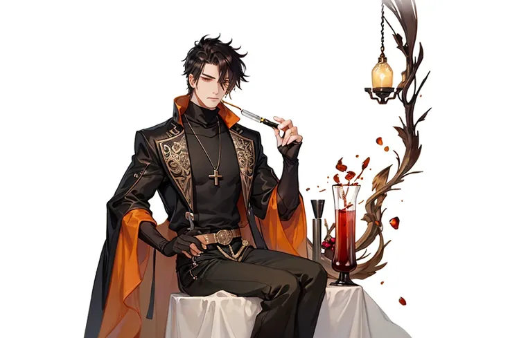 3 man sitting detailed, aesthetic, bar in brown colors. Weak warm light
1 boy, black eyes, black hair, black shirt, closed mouth, cross, cross necklace, grey eyes, hair over one eye, jewelry, multicolored hair, necklace, short hair, turtleneck, wery big bl...