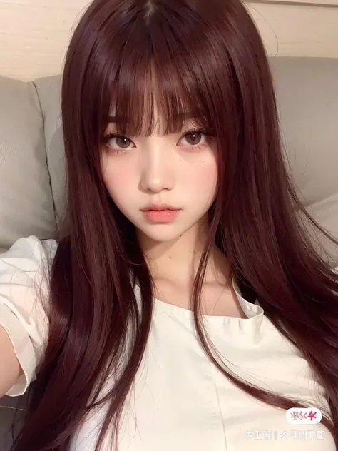 un primer plano de una mujer con largo cabello rojo y una camisa blanca, ulzzang, Lalisa Manobal, pelo largo con flequillo completo, neat hair con flequillo, long hair con flequillo, brown long hair con flequillo, long red brown hair, el corte de hime, pei...