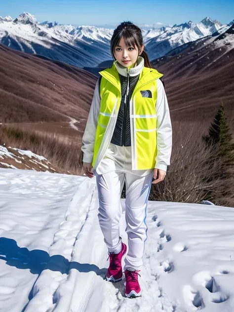 very detailed、masterpiece、(snow mountain background):1.3、a woman in a (white down vest at northface):1.4, white puffer vest and black pants posing for a picture, model is wearing techtical vest, sportswear, sportswear, かわいいsportswear, nanocarbon-vest, whit...