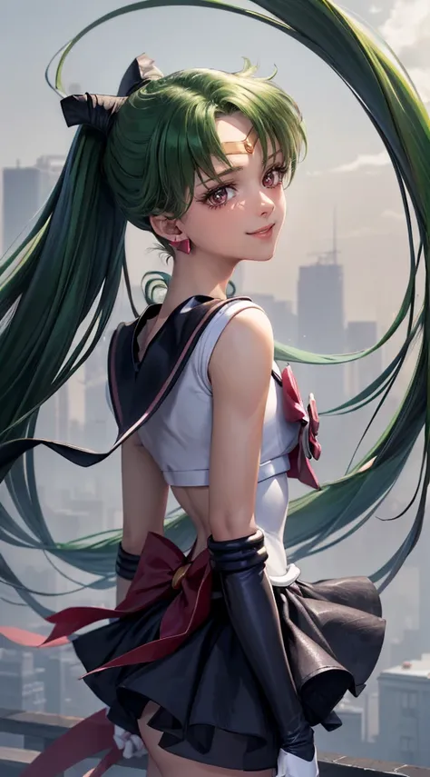 Masterpiece, Best Quality, High Resolution, 1girl, Solo, Ponytail, Green Hair, (Elbow Gloves), Headdress, dark red  Bow, Tight Top, (Black Sailor Collar), White Gloves, Earrings, Smile, Pure Background, Clean Background, white Background, Black Skirt, (Sai...