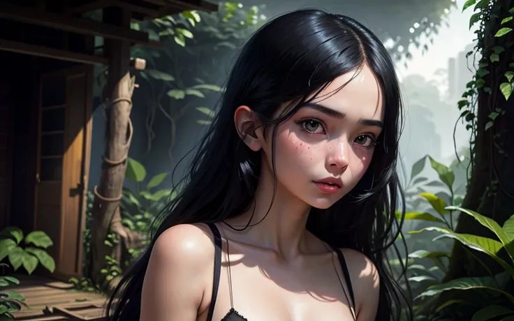 (Stunning Beautiful Android girl, she is average build, very fair skin with long blackhair, she looks worried but she is strong-willed), (very small breasts), very petite, in the style of Steven stahlberg, illustration, [the night is dark, the stars provid...