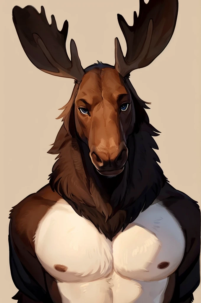 best quality,ultra-detailed,realistic,(portrait,photo-realistic:1.37),(furry:1.1),(anthro:1.1),solo,Moose,standing,male,beautiful detailed eyes,beautiful detailed lips,long eyelashes,hands behind back,wearing underwear,simple background,front view,by bebeb...