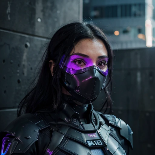 A woman in her thirties wore a black robot suit with purple lights made of metal and held a sharp weapon with a purple mask.  She has black hair in a knot.  The woman ran up the wall of the sky building.This in 2077.(((DETIAL face look))).(((detial backgro...