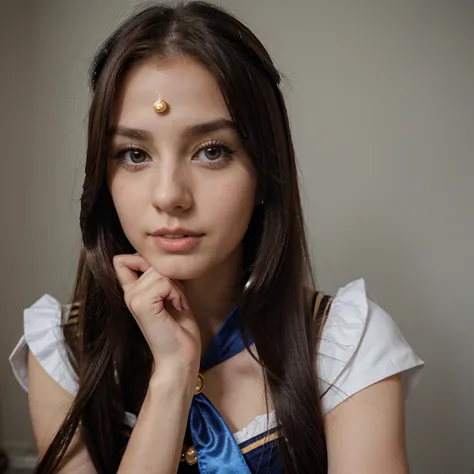 Beautiful 23 year old girl with long hair, she is wearing sailor moon costume, usando disfraz de sailor moon, usando cosplay de sailor moon