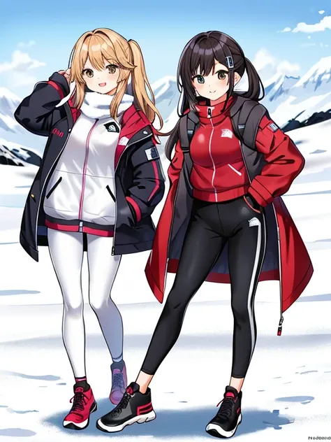 very detailed、masterpiece、(snow mountain background):1.3、a woman in a (white down vest at northface):1.4, white puffer vest and black pants posing for a picture, model is wearing techtical vest, sportswear, sportswear, かわいいsportswear, nanocarbon-vest, whit...