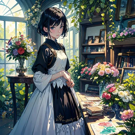 ((Watercolor by singer Sargent))、(highest quality、masterpiece)、1 girl、16 years old、wonderful、short black hair、black eye、small breasts、uniform、long skirt、library、Book、flower shop、Bookを読む、table、Floral、window、Foliage plant、 wood,soft light、