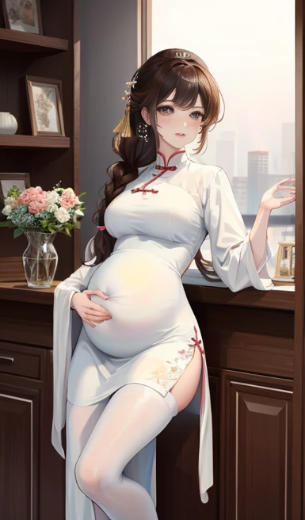 masterpiece, best quality, married woman，pregnant， aldult, Chinese style, China, elder sister,  Smile, brown hair, princess cut, Single braid，white pantyhose，Full of motherhood，Chinese style婚礼服，pure，blush，Dignified yet lively，Mother，Place your hands on you...