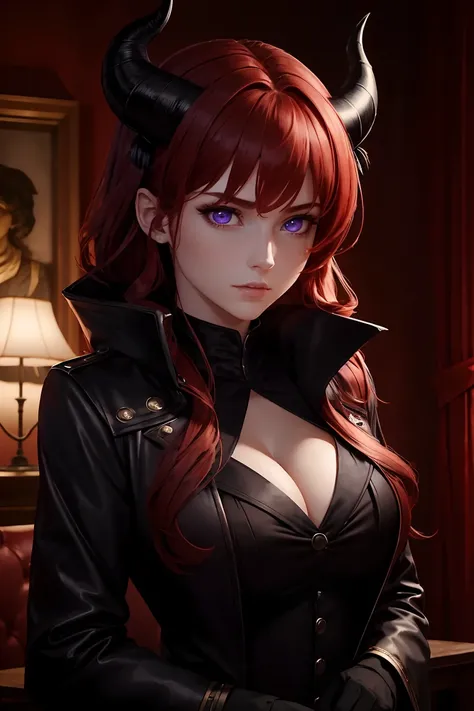 4k, 8k, masterpiece, best quality, upper body, 1girl, looking at viewer, red hair, medium hair, purple eyes, demon horns, black coat, indoors, dimly lit, the age of the actress is 23 years old, open bust