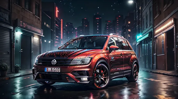 Retrowelle. Stadt, VW Tiguan 2022, Widebody-Kit, Street, Lila Neonlichter, Sonne, Berg, 
(Meisterwerk, detailliert, High Resolution),