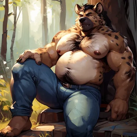 Solo, male, hyena, chubby, musclegut, muscular, mature male, old, serious, eyes shut, black hair, body hair, blue jeans, sword on back, forest, by mystikfox61, by darkgem, by glitter trap boy, by bebebebebe, hairy belly, dilf, plump body, detailed eyes, 4k...