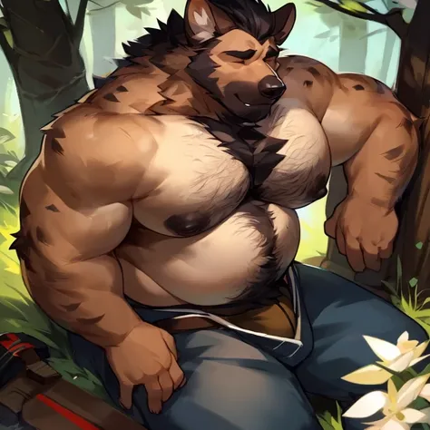 Solo, male, hyena, chubby, musclegut, muscular, mature male, old, serious, eyes shut, black hair, body hair, jockstrap, sword on back, forest, by mystikfox61, by darkgem, by glitter trap boy, by bebebebebe, hairy belly, dilf, plump body, detailed eyes, 4k,...