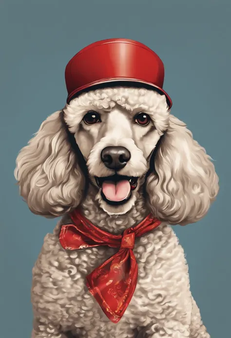 Large poodle groomed, he wears a red bandana around his neck, Fashion glasses, famous brand cap fierce and barking, (((cartazes, planfetos, adesivos, propaganda, revista.)))