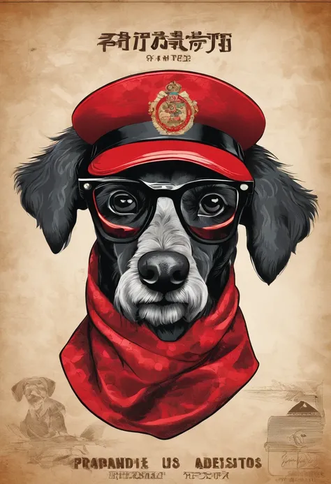 Large poodle groomed, he wears a red bandana around his neck, Fashion glasses, famous brand cap fierce and barking, (((cartazes, planfetos, adesivos, propaganda, revista.)))