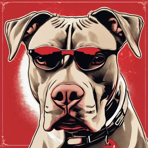  Pitbull, he wears a red bandana around his neck, Fashion glasses, famous brand cap
  , (((cartazes, planfetos, adesivos, propaganda, revista.)))