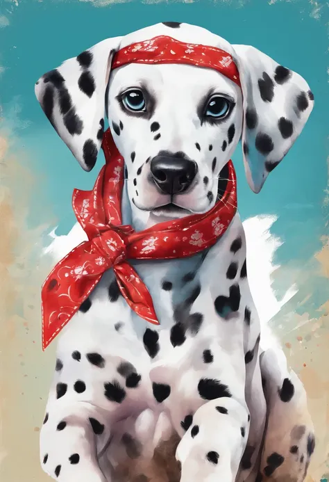 dalmatian puppy, he wears a red bandana around his neck, Fashion glasses, famous brand cap
   ,(( cartazes, planfetos, adesivos, propaganda, capa de revista, dynamic art, fundo em aquarela colorido))