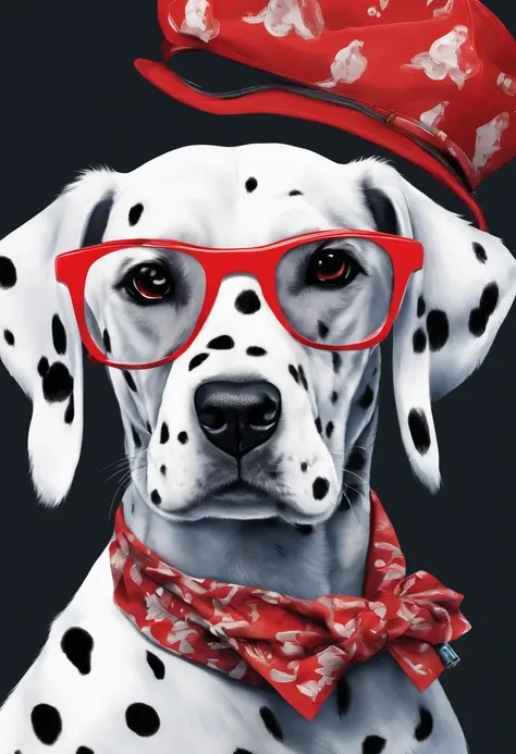 dalmatian puppy, he wears a red bandana around his neck, Fashion glasses, famous brand cap
   ,(( cartazes, planfetos, adesivos, propaganda, capa de revista, dynamic art, fundo em aquarela colorido))