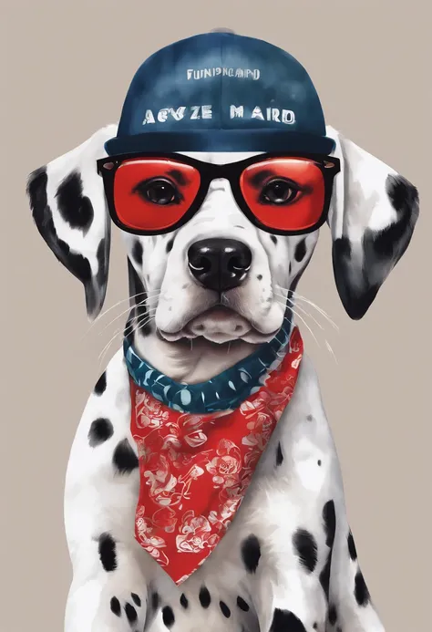 dalmatian puppy, he wears a red bandana around his neck, Fashion glasses, famous brand cap
   ,(( cartazes, planfetos, adesivos, propaganda, capa de revista, dynamic art, fundo em aquarela colorido))