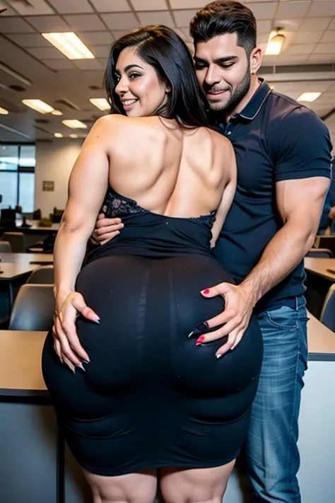 xlteen, fully clothed, sfw, bbw, voluptuous, a latina woman with wide hips, thick thighs, a huge ass, tight dress, office setting,  her bending over desk, guy and girl hugging, guy  holding her from behind, guy  grabbing her big ass, guy  groping her ass, ...