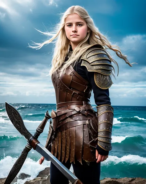 Chica vikinga, ((NSF)), Vista feroz ,Hacha de batalla en mano derecha, 17 year old Russian girl, cabello rubio arrugado y despeinado, en la orilla del agua ,Against the backdrop of the cold sea and the longship., Vestido con armadura vikinga,Apariencia de ...