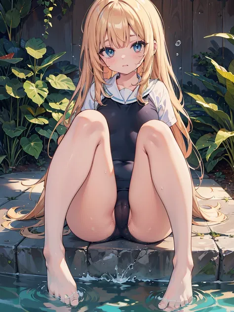 masterpiece, best quality, illustration, ultra-detailed, finely detail, highres, 8k wallpaper, perfect dynamic composition, beautiful detailed eyes, (pussy focus:1.3), 1girl, drooling, (blank eyes), (sitting and spread legs:1.3), (knees up:1.5), (school sw...