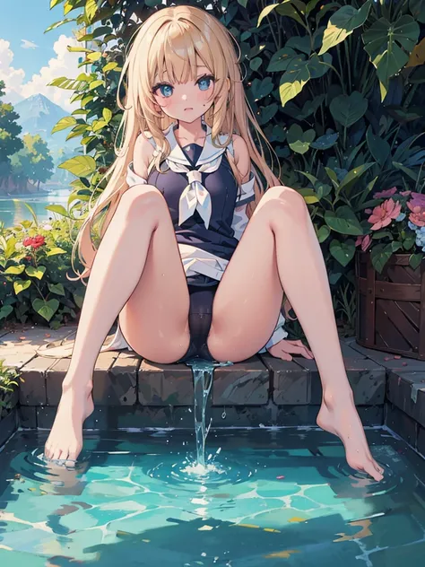 masterpiece, best quality, illustration, ultra-detailed, finely detail, highres, 8k wallpaper, perfect dynamic composition, beautiful detailed eyes, (pussy focus:1.3), 1girl, drooling, (blank eyes), (sitting and spread legs:1.3), (knees up:1.5), (school sw...