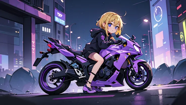 (1 girl, blonde hair, blue eyes, black hoodie, kawaii), (purple sport bike), (purple cyberpunk, night city, purple neon)