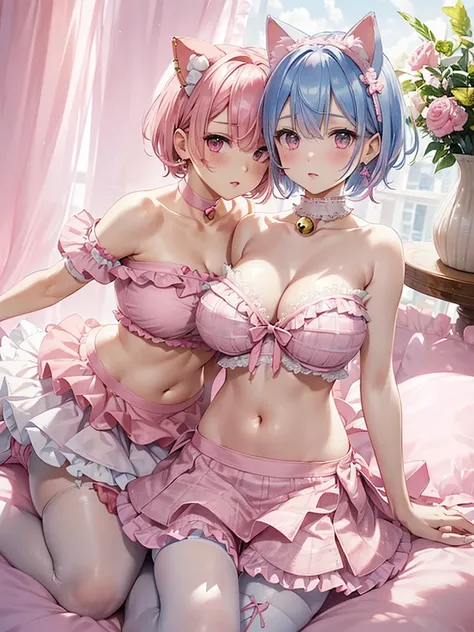 rem, re zero, blue hair, short bob hair, large_breasts, 
masterpiece, best quality, ultra-detailed, (pink and white theme:1.5),(fake
pink cat ears:1.4),(tweed pink strapless
short camisole with lace-up:1.4),((bare
shoulder, navel, bare belly):1.3),(shoulde...