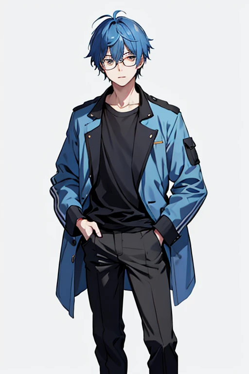 (Шедевр:1.2, Лучшее качество), 1 boy, zombie, mature, shirt,jacket, Cute, Genshin&#39;s influence, anime,blue hair, White skin, gray eyes, glasses, High quality , Additional Information , rendered, White background, whole body, no background