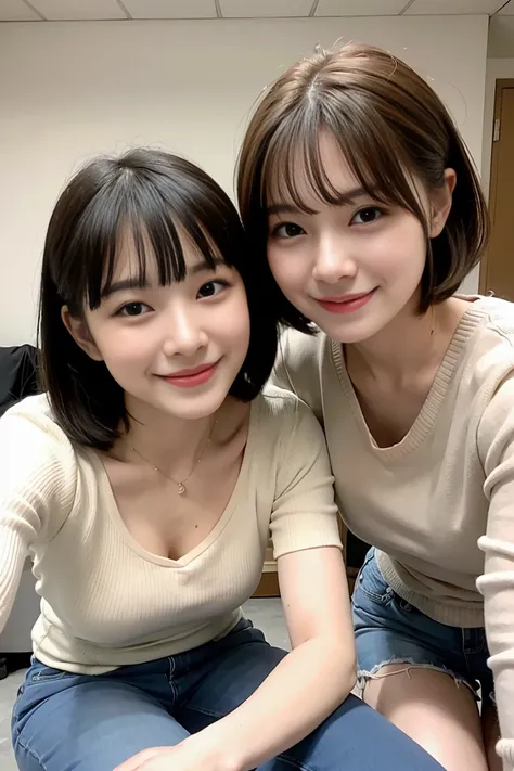 2 girls standing, 18-year-old,bangs,a little smiles,thighs,knees,crotch,short cut hair,low ponytail,from below , Crawling on all four