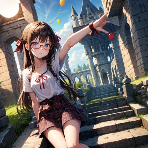 black brown hair、Red-blonde、blue eyes、Braid、one good looking girl、solo、anime、Plaid miniskirt、camisole、black t-shirt、Tilting your face、Doing the ribbon、Ribbon at waist、sunset sky、stone stairs、petal、tunnel、Fallen leaves、wearing glasses、、Burning、Light and sha...