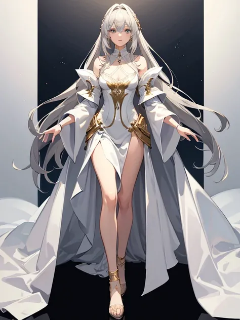 （masterpiece level:1.4）Ultra high definition image quality（Beautiful silver-haired girl:1.4）,blond eyes,Elegant aristocratic look,wearing a white robe,Robe gold pattern,Best 8K quality,Optimal color rendering,Best shadow effects，Looks like a whole body