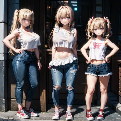 blonde twintails（Country style）、big breasts、muscular body、White navel and sleeveless（
with ruffles）、jeans、red sneakers、tall stature、