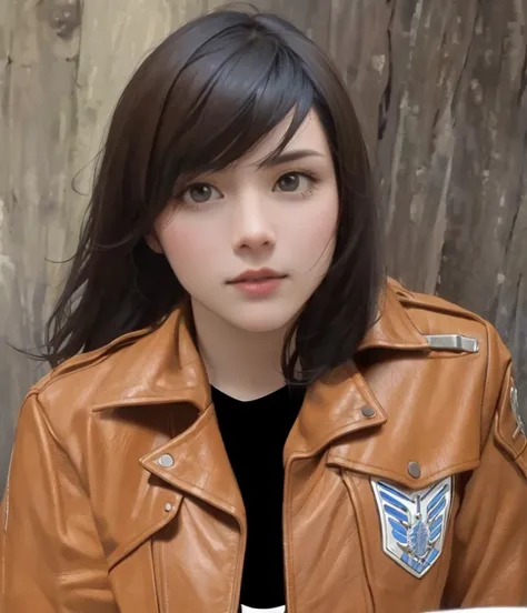 Actual face, short black hair, leather jacket brown.