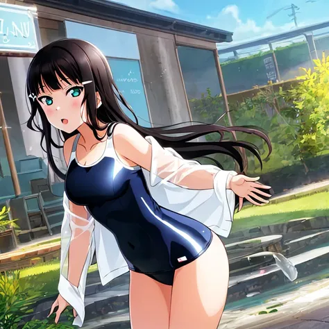 best quality, very aesthetic, Super detailed, best illustration, 1girl, おっぱい, black_hair, one-piece swimsuit