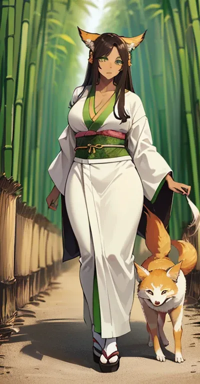 (((I want a Kitsune Woman alone, with brown skin, slightly curvy body and big chest, dark brown hair and lime green eyes, wearing a pretty kimono while walking in a bamboo grove))), detailed, error-free, 8k, high quality