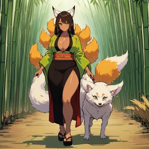 (((I want a Kitsune Woman alone, with brown skin, slightly curvy body and big chest, dark brown hair and lime green eyes, wearing a pretty kimono while walking in a bamboo grove))), detailed, error-free, 8k, high quality