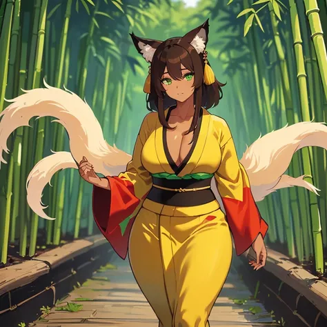 (((I want a Kitsune Woman alone, with brown skin, slightly curvy body and big chest, dark brown hair and lime green eyes, wearing a pretty kimono while walking in a bamboo grove))), detailed, error-free, 8k, high quality