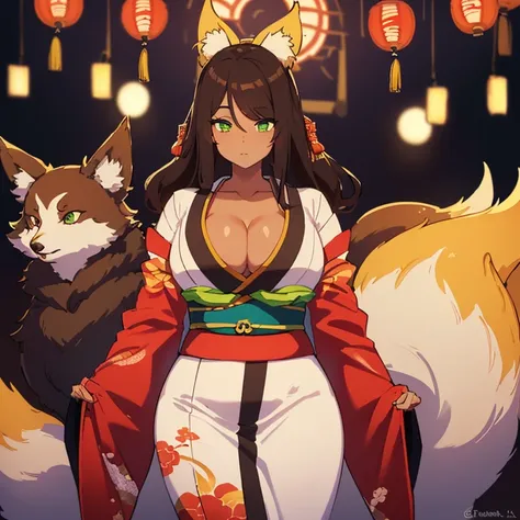 (((I want a Kitsune Woman alone, with brown skin, slightly curvy body and big chest, dark brown hair and lime green eyes, wearing a pretty kimono))), detailed, error-free, 8k, high quality