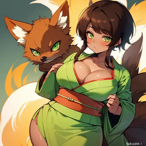 (((I want a Kitsune Woman alone, with brown skin, slightly curvy body and big chest, dark brown hair and lime green eyes, wearing a pretty kimono))), detailed, error-free, 8k, high quality