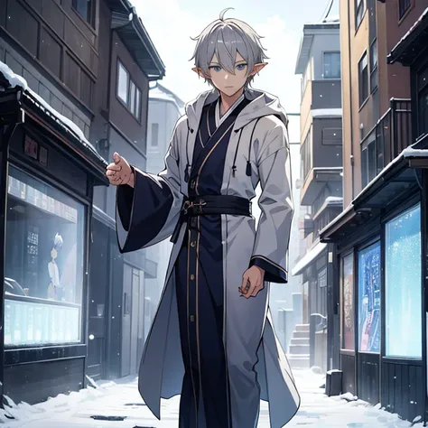 ((high resolution))、((modern anime))、elf、(male)、short gray hair、(dark blue eyes)、wearing a robe、wearing a robe、walking through t...