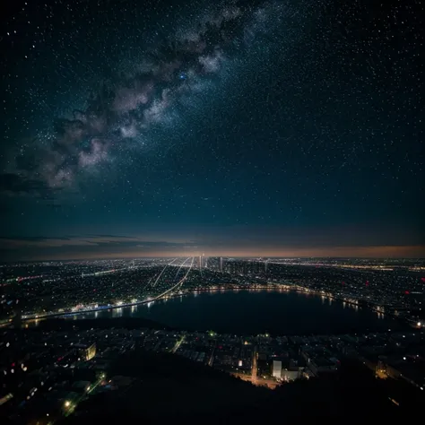 Beautiful night city with stars and galaxy sky of glass