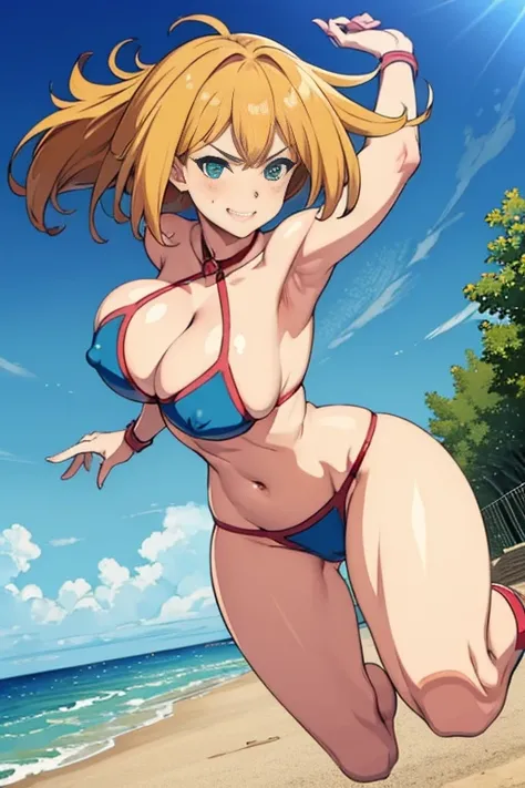 masterpiece, high resolution, best quality, beautiful art, detailed hands, 1 woman, dark magician girl, mature woman, big breasted, cleavage, wearing a Tyris Flare outfit, sexy and skimpy bikini, alluring body, full body, fighting in combat, showing her fi...