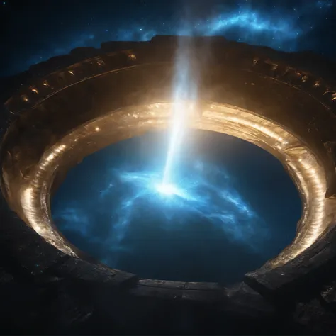 super detailed image of (((the giant stargate ring in the deep space))), ((the entire space inside the stargate is filled with streams of blue plasma flowing from the ring to the center of the space inside the ring):1.5), ((a flying saucer opposite the sta...