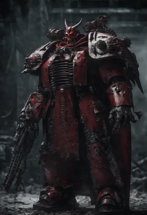 demon male, big fat, (fat), red cape, (warhammer 40k art:1.4), chaotic demon, (futuristic power armor:1.2), standing, (sinister smile), by john wilhelm, (best quality, masterpiece, award winning:1.4), (octane render, vivid colours:1.2)