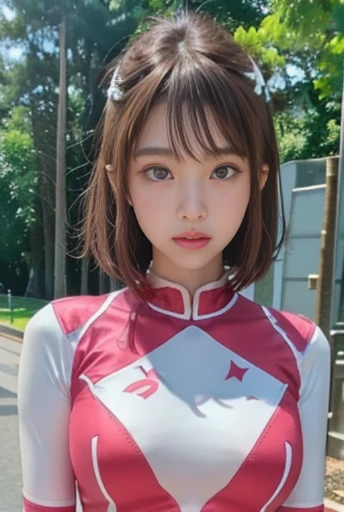 ((PinkRanger, EnakoV1)), 1girl, A beautiful 20 years old Japanese girl, Angelic, cute face,
Beautiful detailed eyes, 
(Large eyes:1.3),long eyelashes,
see-through bangs,
(beautiful detailed face and eyes:1.4), 
Beautiful short dark hair, beautiful smile,
(...