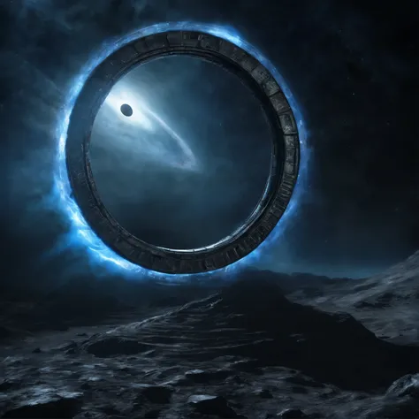 super detailed image of (((the giant stargate ring in the deep space))), ((the entire space inside that stargate is filled with streams of blue plasma flowing from the ring to the center of the space inside that ring):1.4), ((a flying saucer opposite the s...