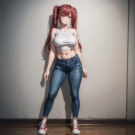 red-haired twintails（country style）、big breasts、muscular body、white navel and sleeveless（knit）、skinny jeans、red sneakers、tall st...